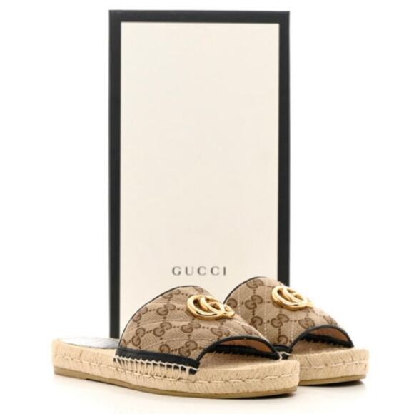 GUCCI Monogram Matelasse GG Marmont Espadrille Slide Sandals Size 38 Beige Black - Picture 9 of 16